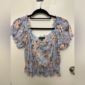 Almost Famous Light Blue Floral Off Shoulder Smocked Blouse, Size L